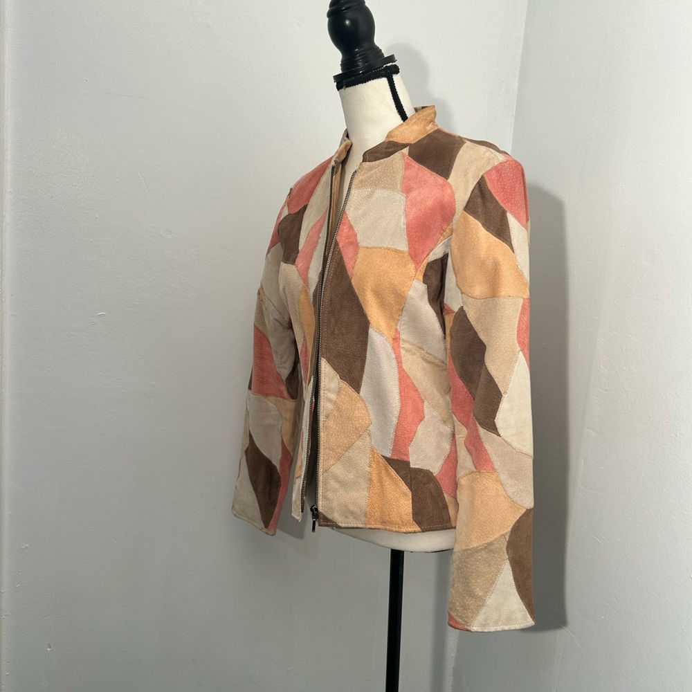 Y2K Pink Tan Patchwork Suede Leather Jacket Full Zip Womens Size Medium